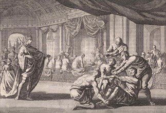 Parable of the royal wedding, print maker: Jan Luyken, Pieter Mortier, 1703 - 1762