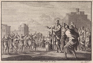 Christ and the ten lepers, Jan Luyken, Pieter Mortier, 1703 - 1762