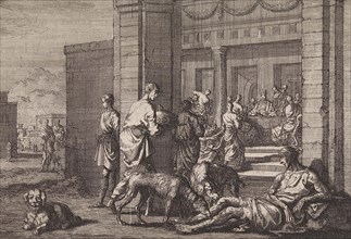 Lazarus begging at the banquet of the rich man, Jan Luyken, Pieter Mortier, 1703 - 1762