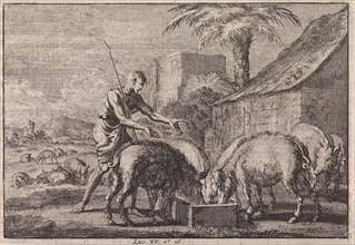 Prodigal Son as a swineherd, Jan Luyken, Pieter Mortier, 1703 - 1762