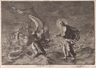 Christ walking on water during a storm on the Sea of Galilee, Jan Luyken, Pieter Mortier, 1703 -