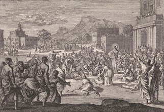 Christ speaks to a crowd on a square, Jan Luyken, Pieter Mortier, 1703 - 1762