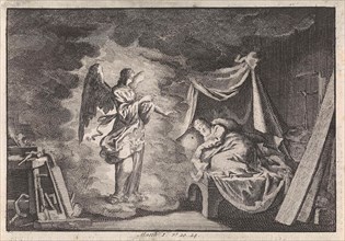 Angel appears to Joseph in his carpentry workshop, Jan Luyken, Pieter Mortier, 1703 - 1762