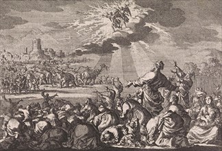 Two angels chase the elephants away Ptolemy Philopator, Jan Luyken, Pieter Mortier, 1703 - 1762
