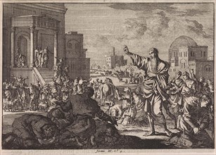 Jonah predicts the downfall of Nineveh, Jan Luyken, Pieter Mortier, 1703 - 1762