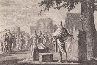 Joshua sets up a memorial, Jan Luyken, Pieter Mortier, 1703-1762
