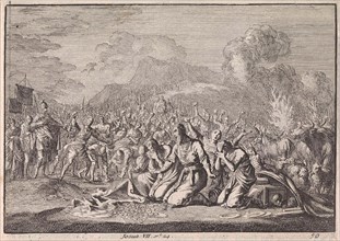Stoning of Achan and his family, Jan Luyken, Pieter Mortier, 1703 - 1762