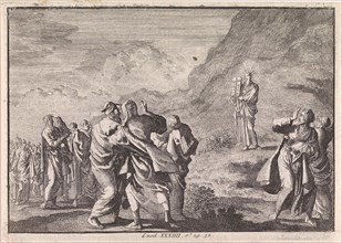 Moses received the law tables and displays them to the people, Jan Luyken, Pieter Mortier, 1703 -