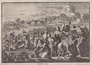 Israelites work as slaves in Egypt, Jan Luyken, Pieter Mortier, 1703 - 1762