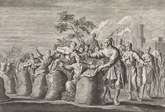 Joseph's silver cup is found in Benjamin's sack, Jan Luyken, Pieter Mortier, 1703 - 1762