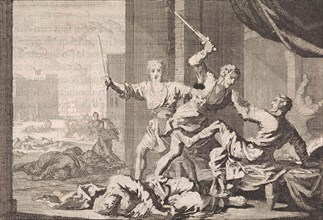 Simeon and Levi kill the Shechemites, Jan Luyken, Pieter Mortier, 1703 - 1762