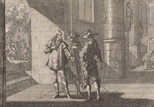 Masaniello talks with two noblemen in a church, 1647, print maker: Caspar Luyken attributed to,