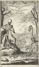 Human skeleton reads a list of animal names, Jan Luyken, Jan Claesz ten Hoorn, 1680
