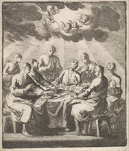Eight men singing around a table, Jan Luyken, Jan Huygen, Jacobus van Hardenberg, 1700
