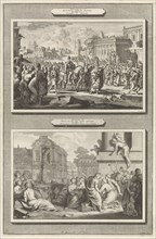 Mordecai is honored in Babylon and the execution of Haman, print maker: Jan Luyken, print maker:
