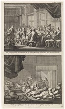 Bishops at a table and drunken bishops asleep in a room, Jan Luyken, Jacobus van Hardenberg, Barent