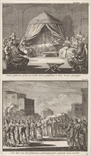 Holy Paula on her deathbed and the holy Paula who is carried to her grave, print maker: Jan Luyken,