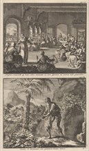 Early Christian community of women working in their monastery and St. Paul the Hermit, Jan Luyken,