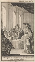 Cardinal Mazarin defends himself in a meeting, Caspar Luyken, Boudewijn van der Aa, 1699