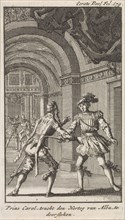 Don Carlos is trying to murder the Duke of Alva, Jan Luyken, Engelbrecht Boucquet, 1699
