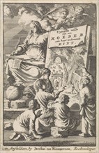 Woman shows children the wide and narrow path, Jan Luyken, 1699