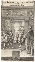 Octave points Julie Bernadille who is guided by two servants, Caspar Luyken, Adriaan Braakman, 1698
