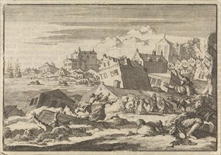 Earthquake in Jamaica where the city Port Royal is destroyed, 1615, Jan Luyken, Pieter van der Aa