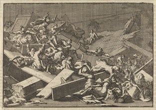 Floor of the home church of the imperial attorney Count von Bercka collapses, 1697, Jan Luyken,