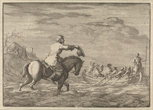 Arrival of William III at the Oranjepolder in a rowing boat, 1691, Jan Luyken, Pieter van der Aa