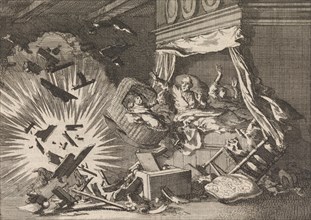 Explosion of a bomb in a house on the Ebbingestraat Groningen, The Netherlands 1672, Jan Luyken,