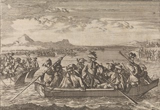 Waldensians chased from Savoy crossing the Lake Geneva in boats back to their country, 1689,