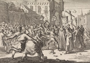 In Danzig a procession is greeted by people throwing stones, 1678, print maker: Caspar Luyken,