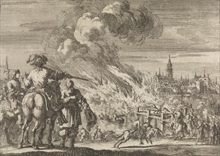Louis, Grand Condé lets the bridge of Strasbourg burn, 1672, Jan Luyken, Pieter van der Aa (I),