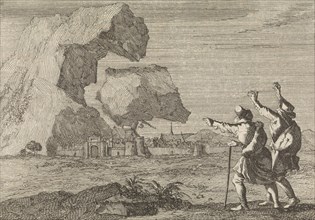 Salzburg, Austria, is destroyed by a crumbling mountain, 1669, print maker: Caspar Luyken, Pieter