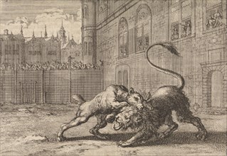 Battle in London between a dog and a lion, 1664, Jan Luyken, Pieter van der Aa I, 1698