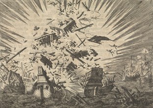 The Dutch ship "Walcheren" explodes along with five Portuguese ships, 1631, Jan Luyken, Pieter van
