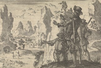 Armed Spaniards watching wild people from rocks, ca. 1600, print maker: Jan Luyken, Pieter van der