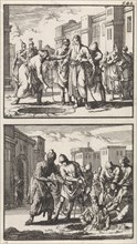Jeremiah thrown into a pit, Jeremiah pulled out of the pit, Jan Luyken, Barent Visscher, Andries