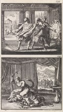 Eglon slain by Ehud, Jael killing Sisera, Jan Luyken, Barent Visscher, Andries van Damme, 1698