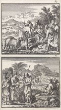 Joseph is thrown in the pit by his brothers, Joseph sold by his brothers, Jan Luyken, Barent