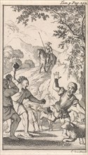 Sancho is stoned by shepherds, print maker: Caspar Luyken, Pieter Mortier, 1696