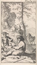 Don Quixote drinks wine with a hermit in a forest, Caspar Luyken, Pieter Mortier, 1696