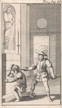 In a church Sancho kneels before an icon and is knighted, Caspar Luyken, Pieter Mortier, 1696