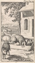 Sancho sleeping in a pig trough before a farm, Caspar Luyken, Pieter Mortier, 1696