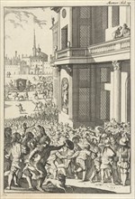 Large popular uprising before the palace in Madrid, Spain, print maker: Caspar Luyken, Willem