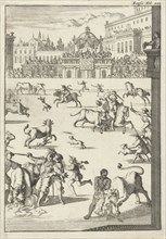 Bullfight in an arena, Caspar Luyken, Willem Broedelet, 1696