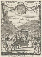 Writer Marie-Catherine d'Aulnoy greeted in a litter by five riders, Jan Luyken, Willem Broedelet,