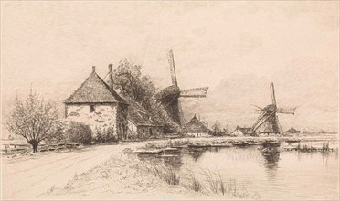 Houses and two windmills along a river, Elias Stark, 1894
