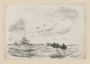 Seascape with a sailing and rowing, print maker: Louis Meijer, Louis Meijer, 1846