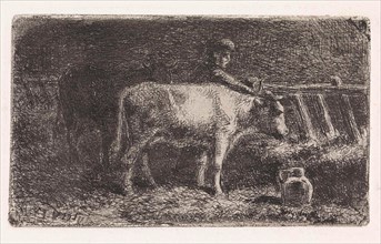 Farmer between two cows in a manger in a stable (small version), Jan Vrolijk, 1860 - 1894